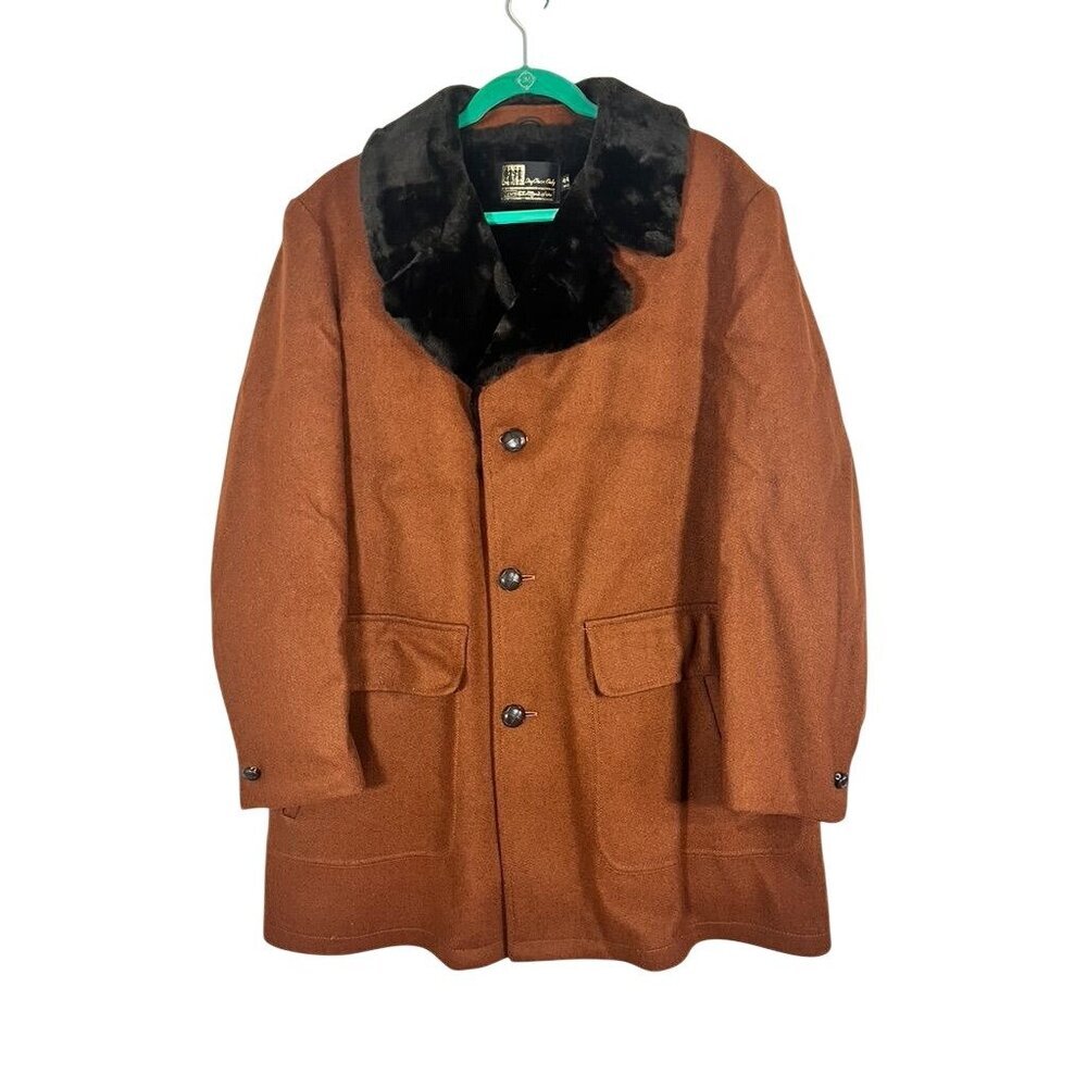 Vintage Wool Fur Coat Brown 44R Neutral Retro 60s Cozy Outerwear Statement 70s